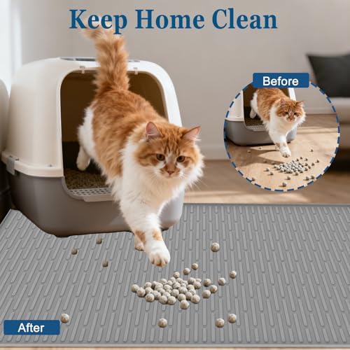 XXL Extra Large Silicone Cat Litter Trapping Mat for Scatter Control, 40"x30"(100cmx75cm) Waterproof Kitty Litter Box mat for Floor, Soft on Kitty Paws, Easy to Clean, Light Gray