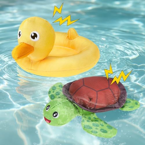 SCENEREAL Floating Dog Pool Toys for Water Fetch, 2 Pack Ducks & Turtles Squeaky Dog Toys for Training, Interactive Summer Outdoor, Cute Pet Chew Toys for Large Medium Small Dogs