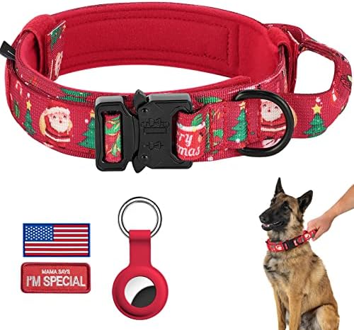 DAGANXI Christmas Tactical Dog Collar, Adjustable Military Training Nylon Dog Collar with Control Handle and Metal Buckle for Medium and Large Dogs, with Patches and Airtags Case (XL, Christmas red)