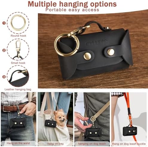 Handmade Leather Dog Poop Bag Dispenser with Belt Attachment,Durable, Stylish Waste Bag Holder, Dog Walkers, Brass Metal Clip, Charcoal Black