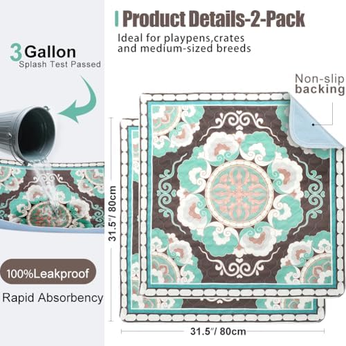 Washable Dog Pee Pads 2-Pack, 31.5" x 31.5" Reusable Puppy Training Pads with Non-Slip Backing, 4-Layer Super Absorbent Whelping Mat for Playpens, Furniture & Crate