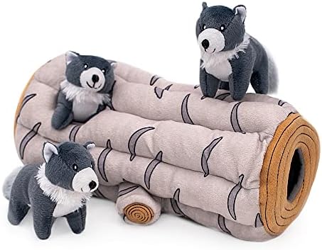 ZippyPaws Burrow- Interactive Dog & Puppy Toys for Boredom, Stimulating Pet Products to Keep Them Busy, Hide & Seek Plush Dog Puzzle, Enrichment Squeaky Toy, for Small & Medium Dogs- Arctic Wolf Log