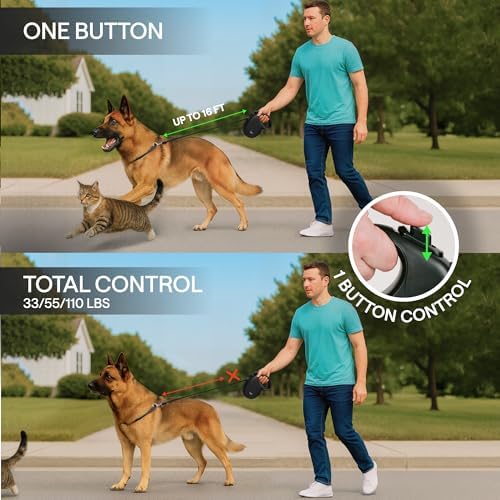Retractable Dog Leash for Large Dogs up to 110 lbs – 17ft Long Hands Free Lead for Dogs – Reflective Heavy Duty Puppy Leash and Waist Dog Leashes for Training, Running, Outside – Correa para Perros