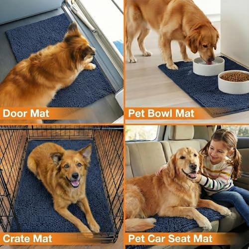 Neater Pets Muddy Paws Dog Door Mat 36” x 24” – Super Absorbent & Quick-Dry Chenille Doormat for Trapping Dirt, Water, Mud - Non-Slip & Machine Washable Pet Rugs for Entryway, Indoor Mud Mats, Navy