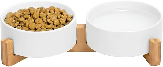 Ceramic Cat and Small Dog Bowl Set – Modern Indoor Small Size Pet Food and Water Bowls with Wood Stand – Non Slip Puppy Sized Feeding Station with Double Dishes (White)
