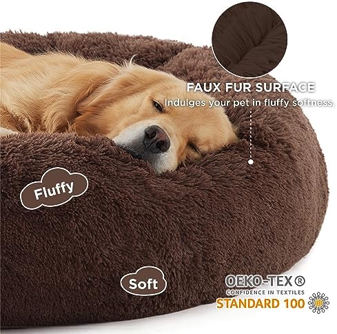 Bedsure Calming XL Dog Bed Donut Washable Extra Large Pet Bed,45ins Coffee