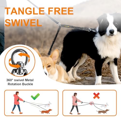 MingXpet 2 Dog Leash, Dog Leash for 2 Dogs, 360° Swivel No Tangle Double Walking Training Leashes for Small Dogs, Comfortable Shock Absorbing Reflective Bungee, Black
