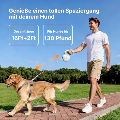 16Ft Retractable Dog Leash with Auto-Locking Function, 360°Tangle-Free Retraction and Ergonomic Lightweight Handle for Medium Large Dogs Up to 130Lbs