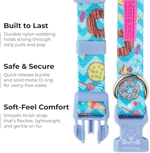 KIKI & RIKI Soft Nylon Dog Collar for Small Dogs, Adjustable, Quick-Release Buckle, Size S (Neck 9.4-14.6"), Light Blue Artist-Designed Print
