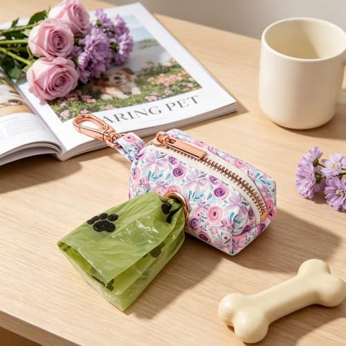 ARING PET Floral Dog Poop Bag Holder, Cotton Puppy Purple Rose Waste Bag Dispenser Attach to Any Leashes, Portable Washable Pet Waste Pouch Holder with Two Rolls of Bags