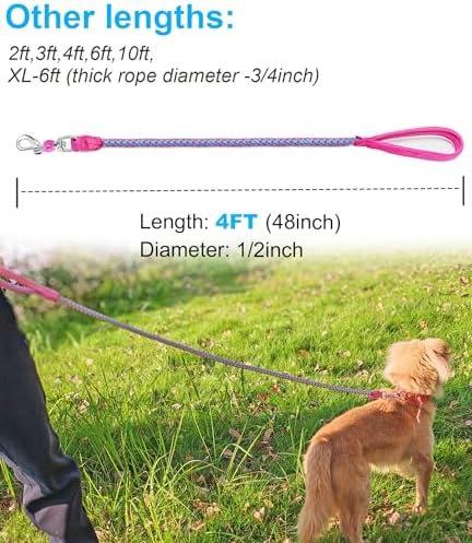 2/3/4/6/10 Foot Reflective Dog Leash Strong Nylon Rope Braided Heavy Duty for Large Medium Small Dogs Walking Training Leads (Pink, 4ft * 1/2")