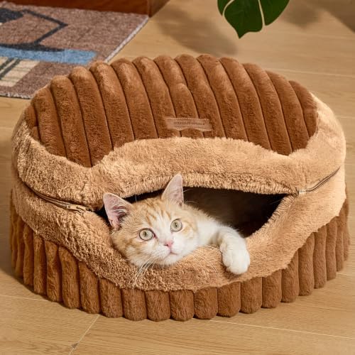 FUKUMARU Cat Cave Bed, 2-in-1 Enclosed Cat Bed for Indoor Cat, Cat Hideaway
