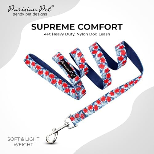 Parisian Pet Floral Dog Leash - Nylon Heavy Duty Training Blue Leashes for Dogs with Comfortable Handle - Strong Metal Clip 4Ft Hibiscus Puppy Leash - Chew Proof Leashes for Small and Medium Dogs