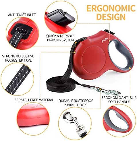 Fida Retractable Dog Leash with Dispenser and Poop Bags, 16 ft, Red