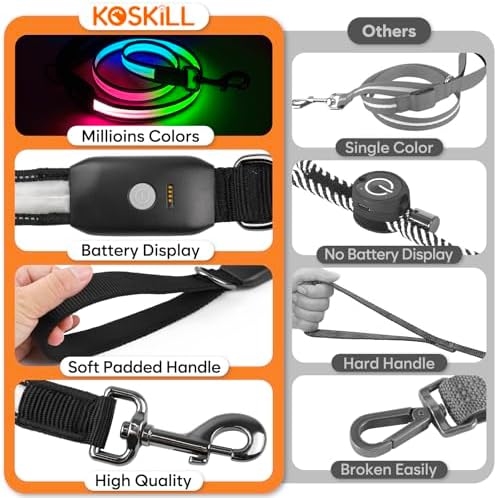 LED Dog Leash Ultra Bright, Waterproof, 7 Lighting Mode, Glow in The Dark & Reflective, Type-C Rechargeable, Battery Indicator, Carabiner Clip for Night Walking Safety, Small to Large Pets