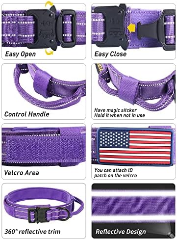 AUBELL Reflective Tactical Heavy Duty Dog Collar with Handle,Purple L
