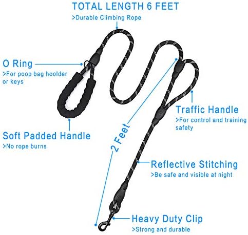Plutus Pet Rope Dog Leash with Double Handles, 6 FT Long, Reflective