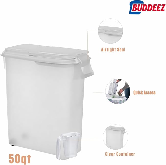 Buddeez Airtight Pet Food Storage Container - 50 QT/50 LB Capacity Dog Food Storage Container - Cat Food Container, Bird Seed Storage Container, Rolling Storage Bin, Air Tight with Handle & Scoop