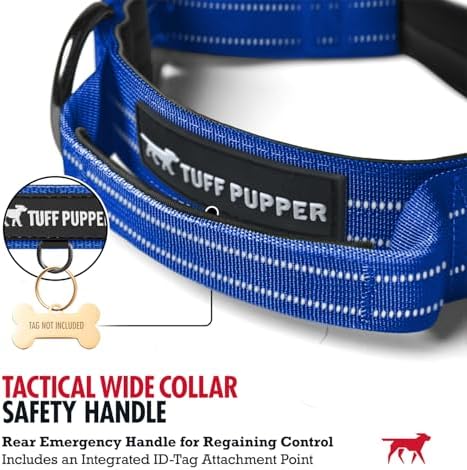 Tuff Pupper Tactical Dog Collar | Heavy Duty 1.5" Wide Ballistic Nylon | Training Control Handle | Quick-Release Metal Buckle | Reflective Bands | ID Tag Holder | Padded Inner Lining (Blue, Medium)
