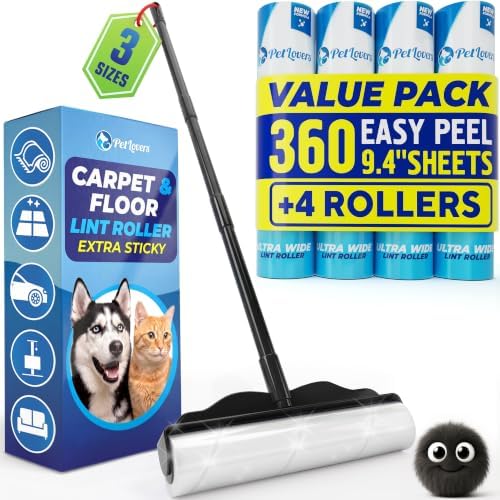 PetLovers Large Lint Roller with 3 Refills – 360 Total Sheets for Tackling Pet Hair, Extra Large Floor and Carpet Roller for Homes with Pets, Perfect for Floors, Furniture, and Loving Pet Owners