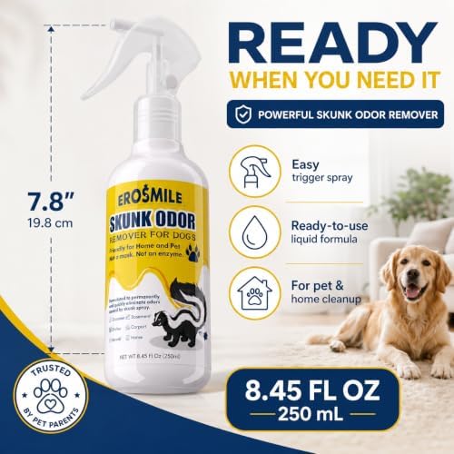 Skunk Odor Remover For Dogs,Removing Skunk Smell From House,Friendly For Dogs Head & Face,Suitable For Pet Areas,Fabrics,Carpets,Clothing,Car,Garages,Tool Sheds Odor Eliminator Spray 8.45fl Oz
