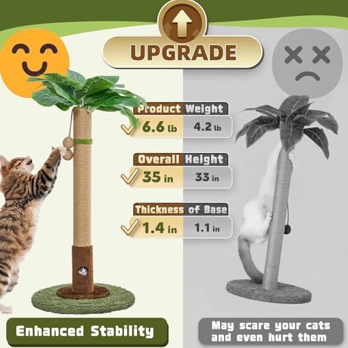 Woochpet Cat Scratching Post for Indoor Cats and Kitten - 35.43" Tall Cat Scratching Post with Sisal Rope,Palm Tree Cat Scratch Post with Hanging Ball (35.4-Green, 35.4in)