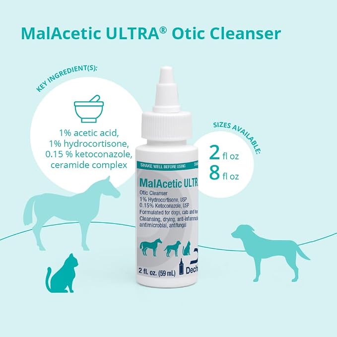 MalAcetic Ultra® Otic Cleanser for Dogs, Cats and Horses, 2 FL Oz | Cleansing, Drying, Anti-Inflammatory; Packaging May Vary