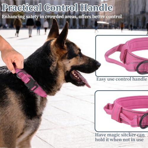 Tactical Dog Collar Military Adjustable Pet Collar with Control Handle, Reflective Heavy‑Duty Metal Buckle, Soft Padded Nylon Training Collar for Medium Large Dogs (Yellow, Medium)