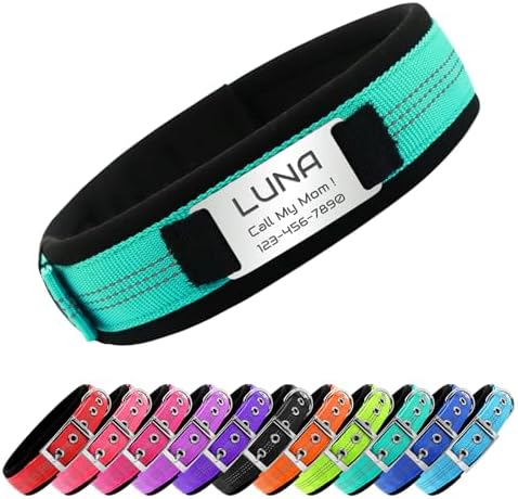 Reflective Personalized Dog Collar with Name Tag，Turquoise：S