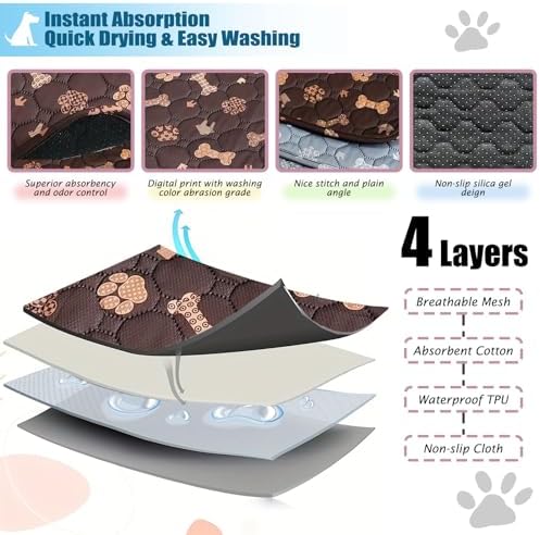 Washable Pee Pads for Dogs - 2 Pcs 28"x40" Brown Superior Reusable Puppy Pet Training Pad - Waterproof Dog Pee Pad Protects Against Urine Leakage Non-Slip Grip Prevents Slipping & Bunching