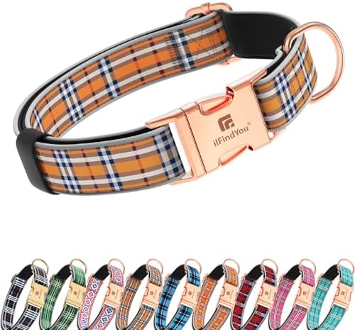 Reflective Plaid Dog Collar for Large Dogs, Light Orange-L