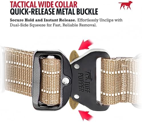 Tuff Pupper Tactical Dog Collar | Heavy Duty 1.5" Wide Ballistic Nylon | Training Control Handle | Quick-Release Metal Buckle | Reflective Bands | ID Tag Holder | Padded Inner Lining (Tan, Large)