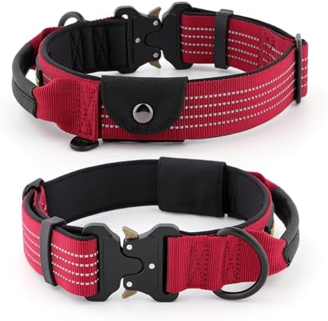 Plutus Pet Tactical Dog Collar with Pocket for AirTag, Red, L