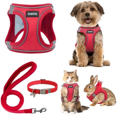 GAMUDA Small Pet Harness Collar and Leash Set, Step in No Chock No Pull Linen Fabric Soft Mesh Dog Vest Harnesses Reflective for Dogs Puppy Cats Kitten Rabbit (Red, XL)
