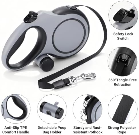 Segarty 26 Ft Walking Lead with Poop Bag Holder for Dog 66 lbs - 110 lbs, 8m Dog Leash Retractable with Anti-Slip Handle & One-Handed Brake Pause Lock, 360°Tangle-Free Leash for Pet Outside Activities