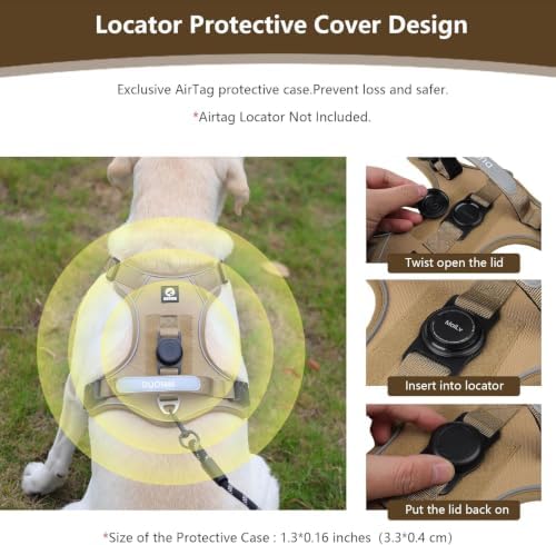 Upgraded Dog Harness with AirTag Holder, Escape Proof Adjustable Vest for Puppy Outdoor Walking, No Pull No Choke Breathable Jacket with Reflective Strips for Dark Night, Khaki M