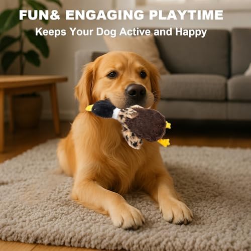 Stuffing-Free Duck Dog Toy, Plush Squeaky Toy with 4 Squeakers and Crinkle Wings, Hollow Body No-Stuffing Design for Small Medium Dogs