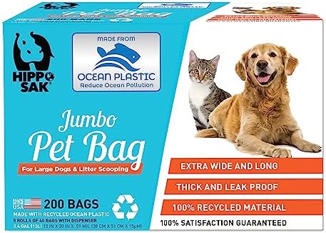 Hippo Sak® Extra Large Pet Poop Bags with Dispenser, Made with Ocean Plastic, 200 Count