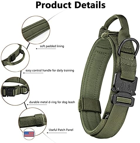 DAGANXI Tactical Dog Collar, Adjustable Military Training Nylon Dog Collar with Control Handle and Heavy Metal Buckle for Medium and Large Dogs, with Patches and Airtags Case (M, Green-Set)