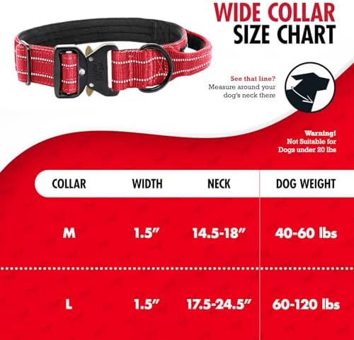 Tuff Pupper Tactical Dog Collar | Heavy Duty 1.5" Wide Ballistic Nylon | Training Control Handle | Quick-Release Metal Buckle | Reflective Bands | ID Tag Holder | Padded Inner Lining (Red, Large)