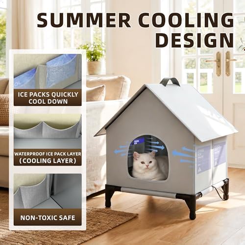 Cooling Cat House with Ice Packs for Outside&Indoor,Insulated and Weatherproof,Selfwarming Cat Shelter,Large Cave Bed for Garden (XL, Cold)