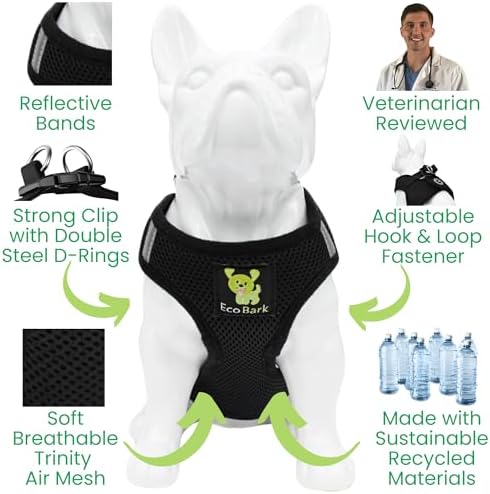 EcoBark Step in Dog Harness - Eco-Friendly Dog Harnesses for XS, Small, and Medium Breed Dogs - Reflective and Adjustable Body Halter Vest - Soft Luxurious Mesh Toy Breed Harness (Black, Medium)