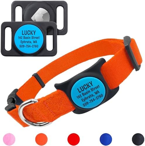 GoTags Personalized Dog Collar with Custom Engraved Holder for AirTag, Adjustable Dog Collar Pet ID Tag, Silent, No Noise Dog Tag for Large Medium or Small Dogs (Orange, Large)
