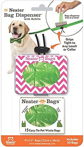Neater Pet Brands Neater Bags Dog Waste Bag, No Rolls - Dog Poop Bags Dispense One at a Time, Doggie Poop Bag with Easy-Tie Handles, Dispenser Attaches to Any Leash (210 Count, Pink Chevron)
