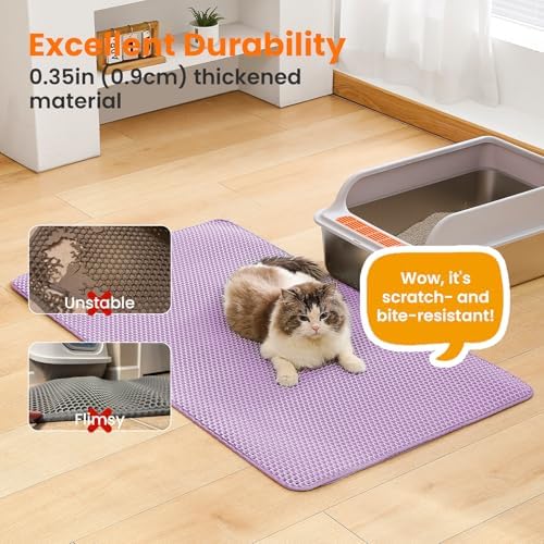Cat Litter Mat, Double Layer Honeycomb Cat Litter Trapping Mat, Non Slip Waterproof Urine Proof Cat Litter Box Mat for Floor, Kitty Litter Rug, Cat Supplies, Purple, 46x26 Inches