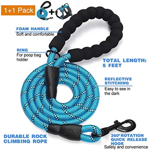 tobeDRI No Pull Dog Harness Adjustable Reflective Oxford Easy Control Medium Large Dog Harness with A Free Heavy Duty 5ft Dog Leash, Blue, S