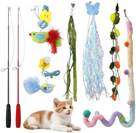 Cat Toys Interactive Feather Teaser Wand Set, Retractable Cat Fishing Pole Toy with Assorted Replaceable Attachments & Bells, Fun Hunting Exercise Toys (8 Pack)