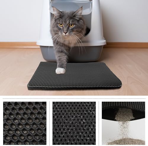 Cat Litter Mat - 24x15 Waterproof Litter Box Mat with Dual-Layer Honeycomb Design for Trapping Litter - Slip-Resistant Cat Mat by PETMAKER (Black) (Pack of 2)