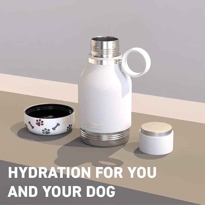 asobu Buddy Bottle, a Stainless Steel Insulated Water Bottle with Removable Dog Water Bowl and Dog Food and Treat Storage plate (White, 37 oz Water Bottle with 2 Bowls)