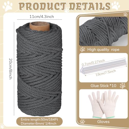Natural Sisal Cat Rope for Posts, 1/4in ×164ft, Grey